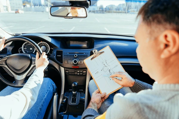 Driving instructor explaining a junction diagram on a clipboard during a lesson